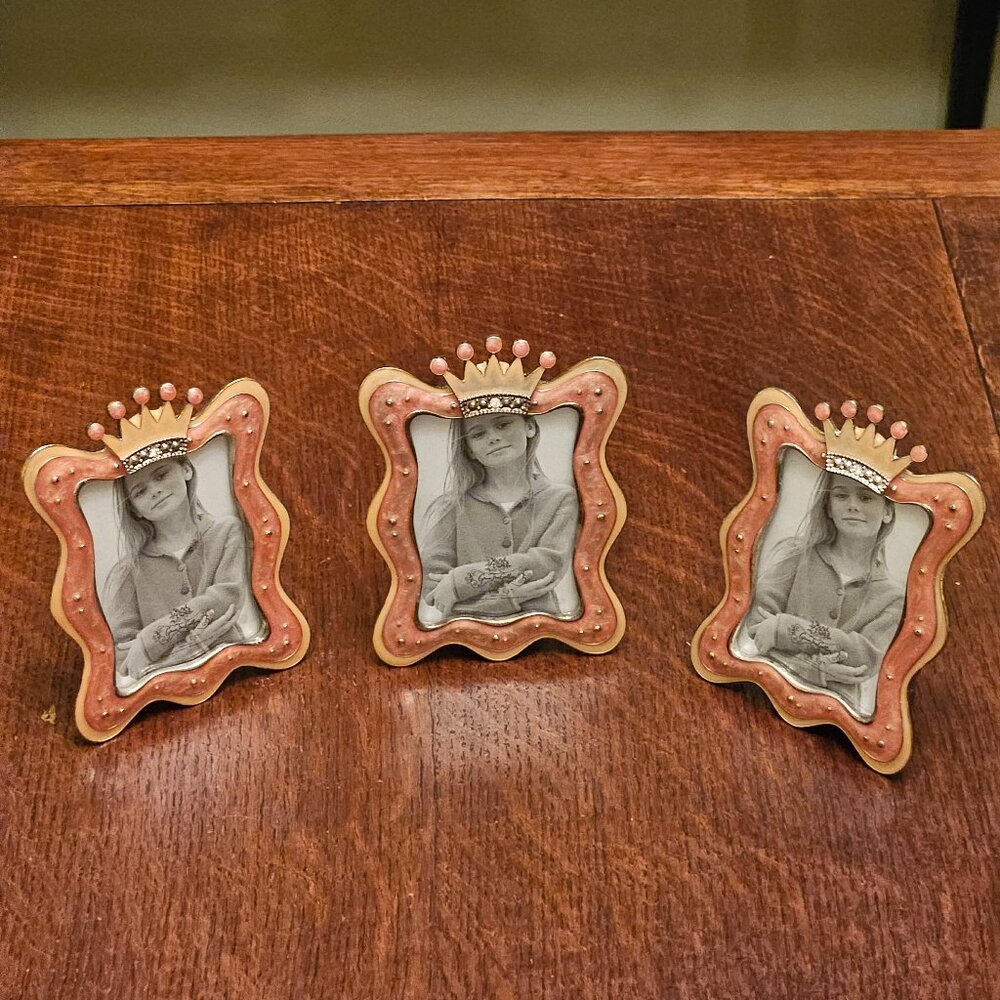 3 Pink Enamel Rhinestone Crown Picture Frames for 2.5" x 3.5" Pictures